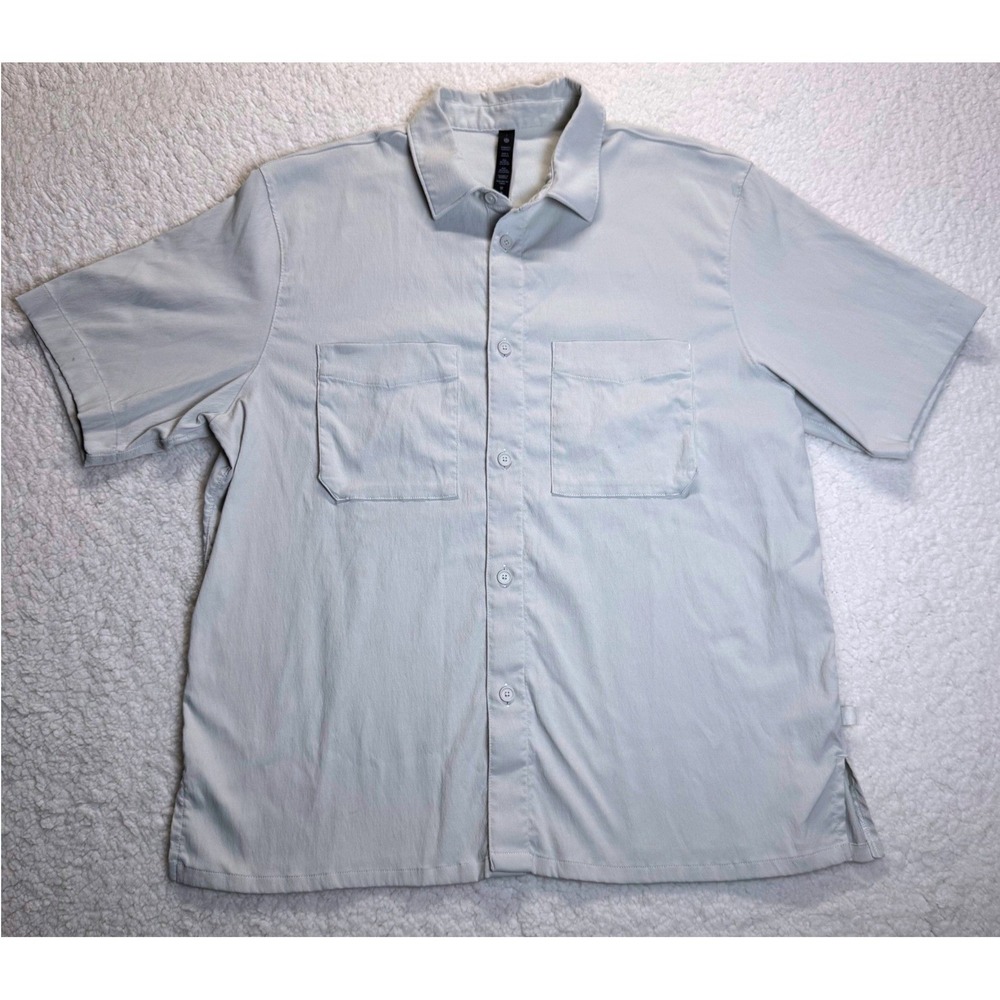 Lululemon Mens Commission Short Sleeve Button Down Shirt Gray/Cream Size L